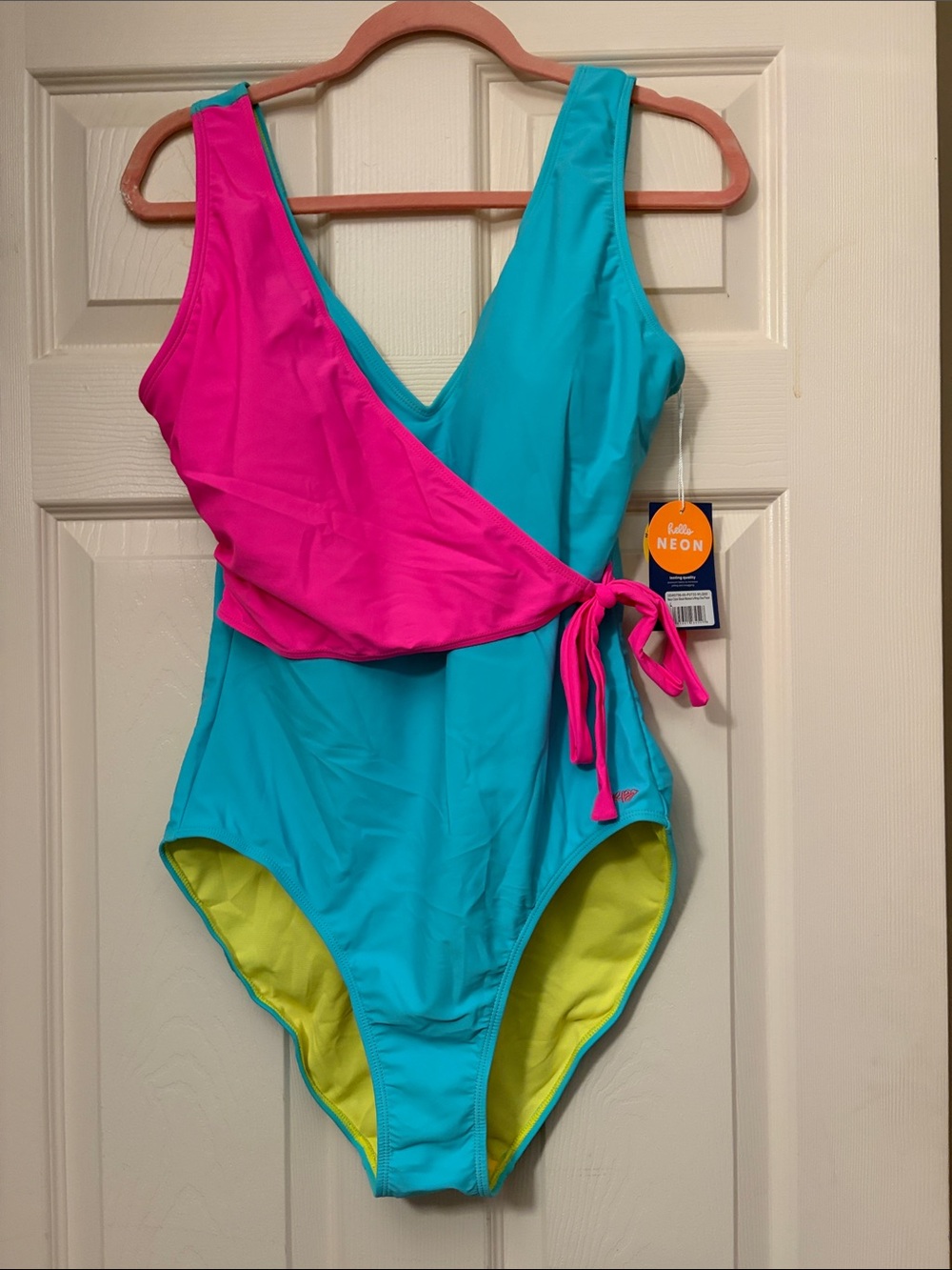 Ruffle Butts Aqua & Hot Pink Neon Wrap One-Piece Swimsuit
